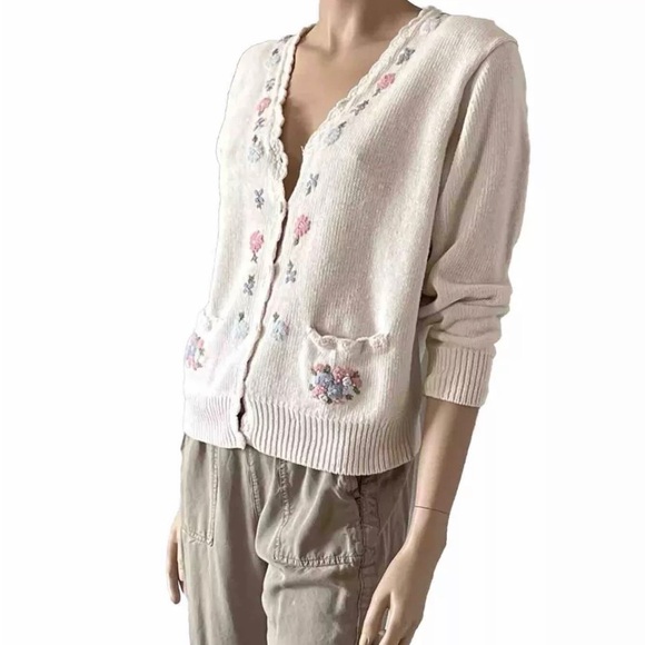 Vintage Sweater Floral Embroidered Button Up Cardigan Huntington Ridge Ramie - Picture 3 of 10